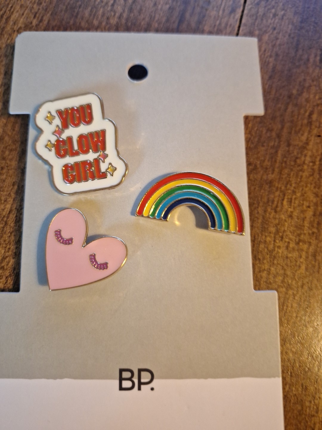 BP. Expression Lapel Pin Set Of Three-You Glow Girl/Heart lashes/Rainbow