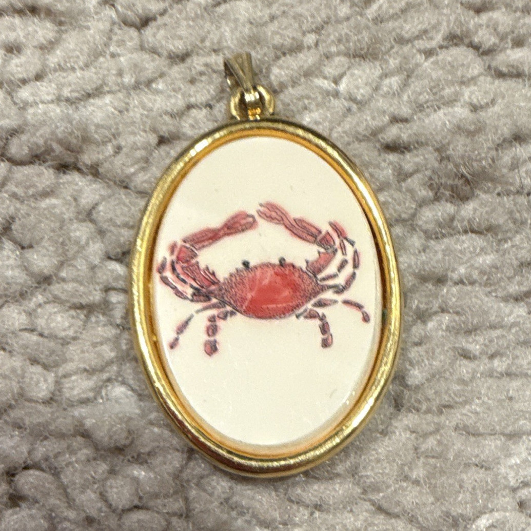 Barlow Signed Gold Tone Oval Porcelain Crab Charm Pendant White Red Bezel