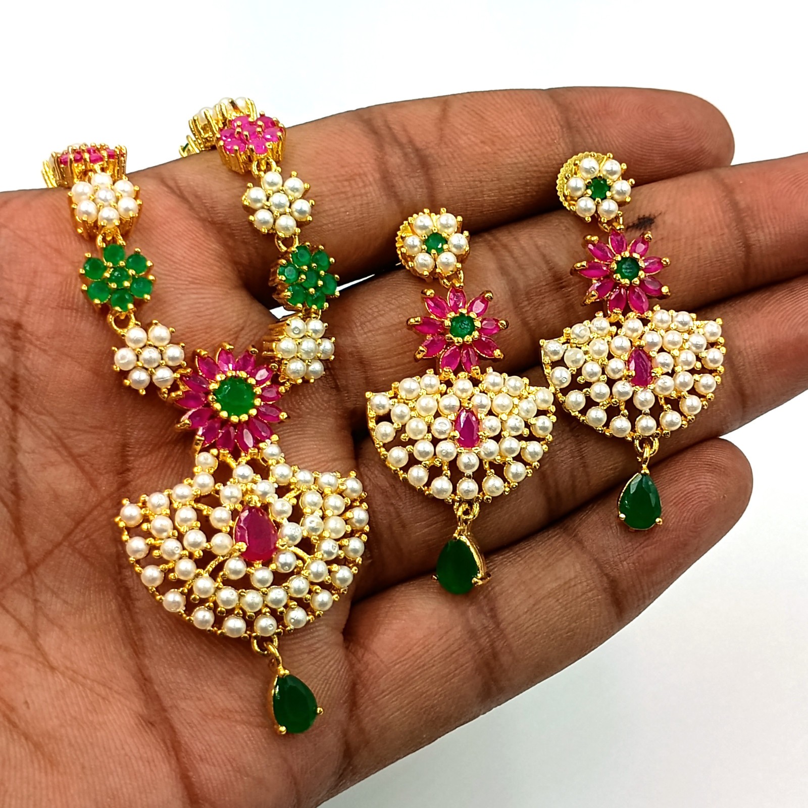 Ethnic 22K Gold Plated Kemp Ruby Emerald & Pearl Necklace Jewelry For Women
