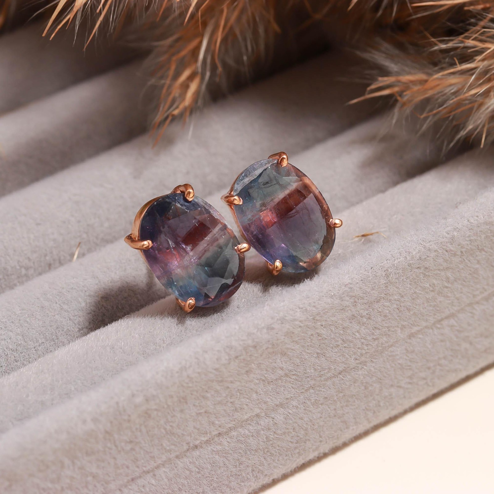 Natural Fluorite Oval Stud Earrings Rose Gold Plated 925 Sterling Silver Jewelry