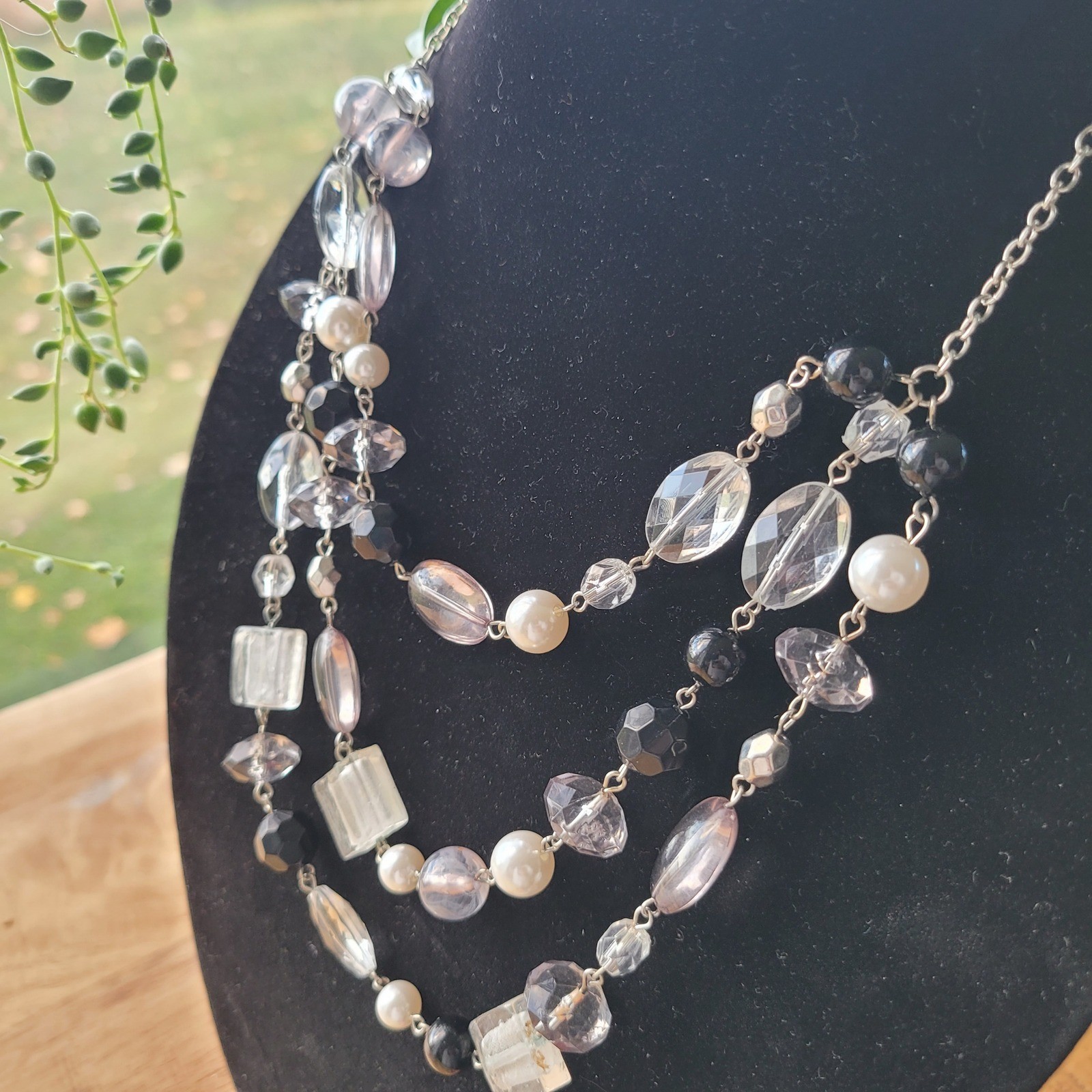 Multi-Strand Layered Beaded Necklace Silver Tone Black White Purple Accents