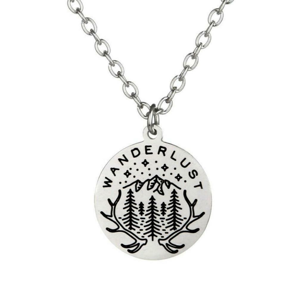 WANDERLUST NECKLACE 22″ Chain Outdoor Adventure Wilderness Pendant Travel Camper