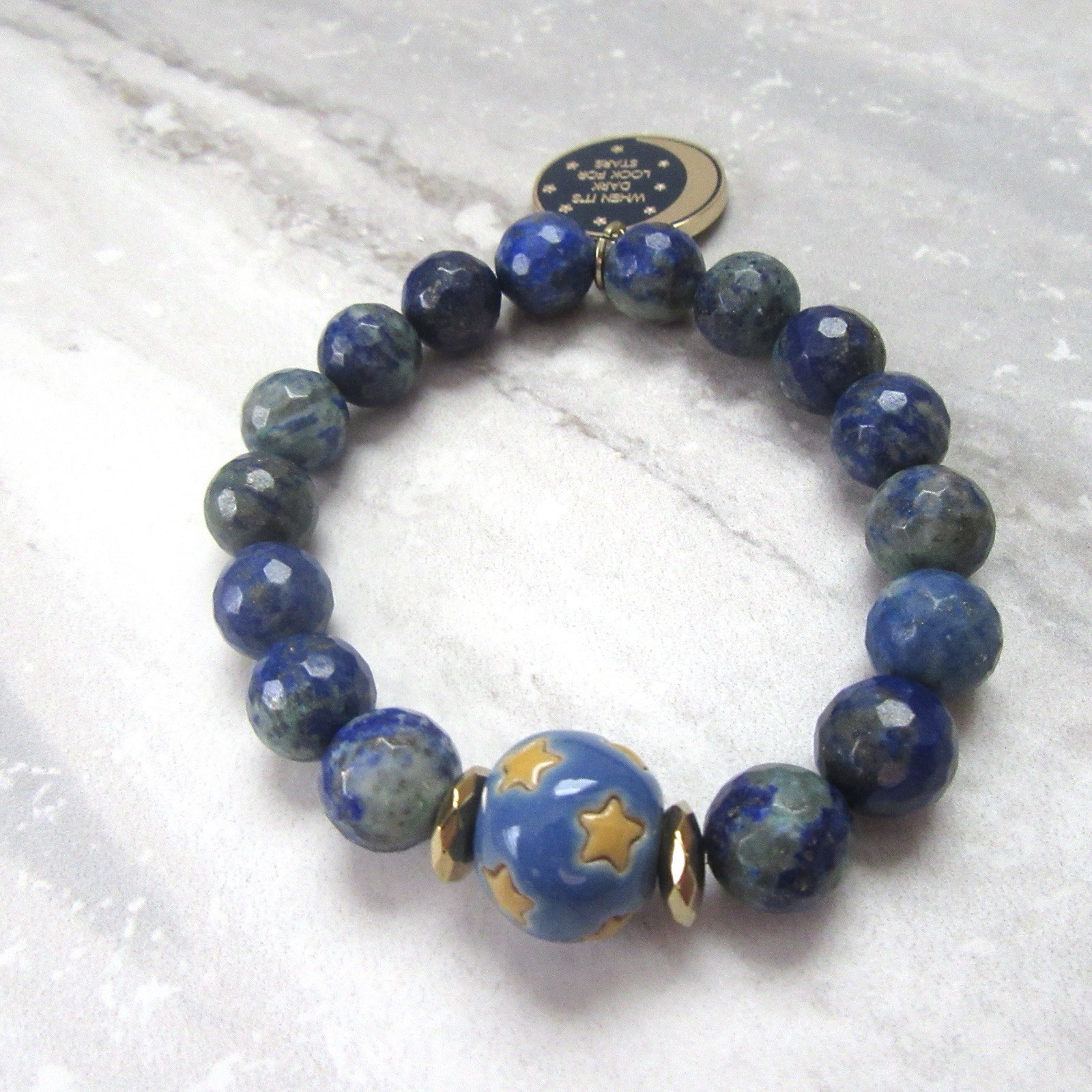 Ceramic Star Ball Stretch Bracelet with Lapis Beads & Moon Quote Charm