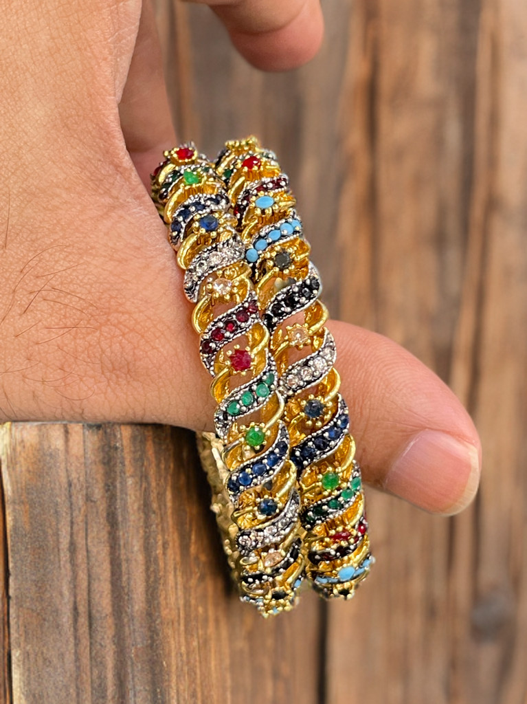 2 Pc Gold Plated Navratna Bangles Multicolor Stones Indian Traditional Bracelets