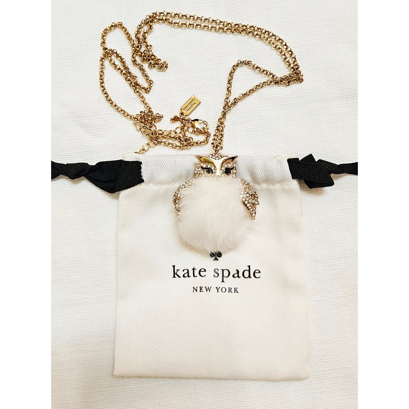 Kate Spade Owl Pendant Necklace White Pom Pom Gold Tone Statement Jewelry