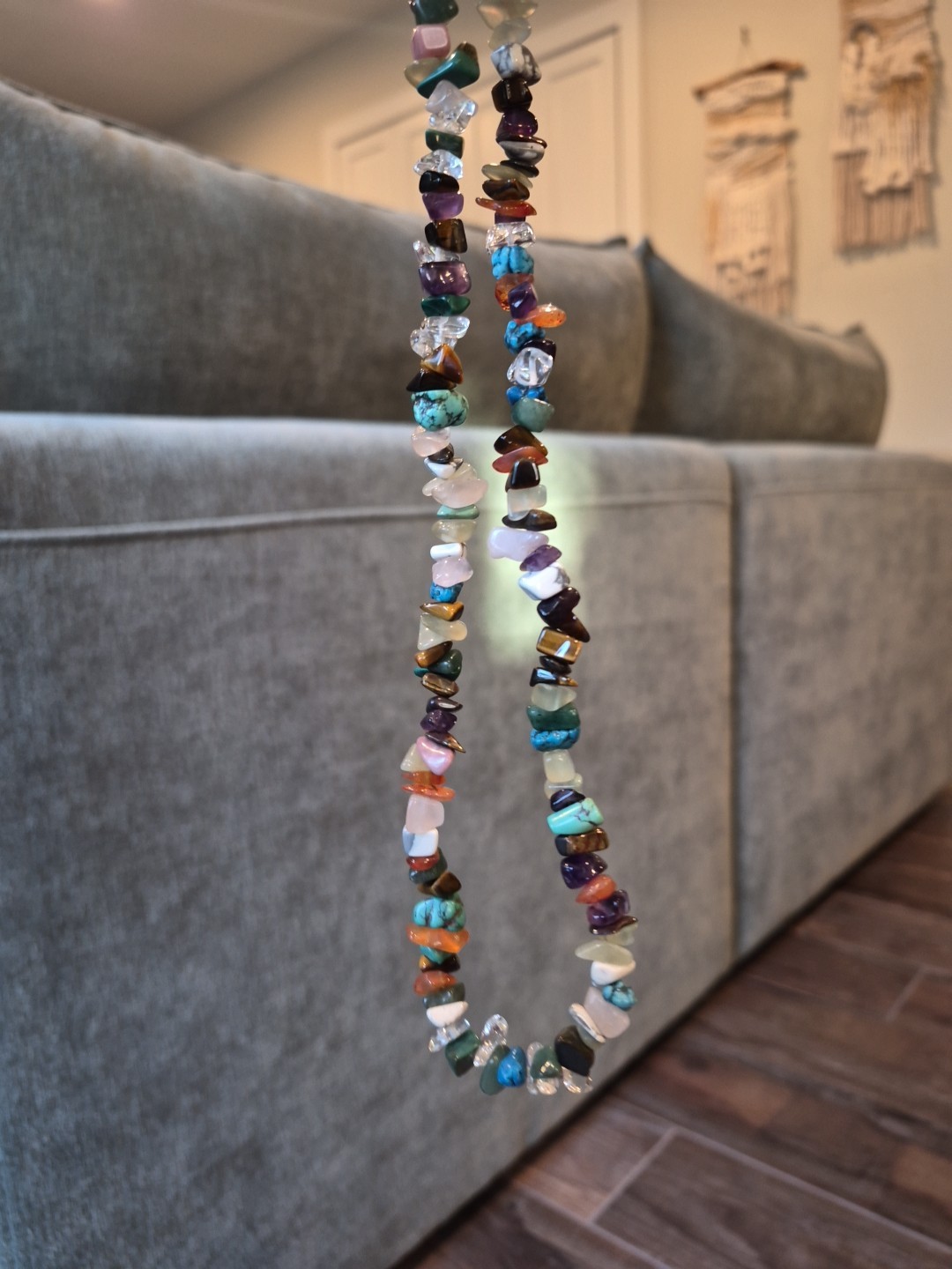 Vtg Colorful Semi-Precious Stone Chip Bead Necklace, Lobster Clasp Closure