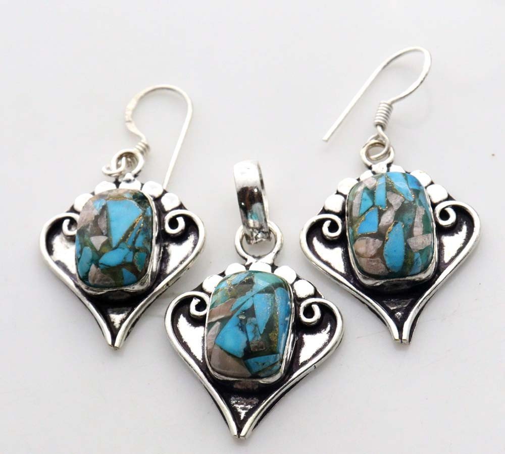 Copper Turquoise 925 Silver Plated Pendant Earrings Set 1.6|1.8″ Trendy JW