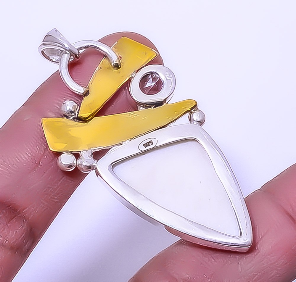 White Scolecite – India Gemstone 925 Sterling Silver Two Tone Pendant 2.34″ A317
