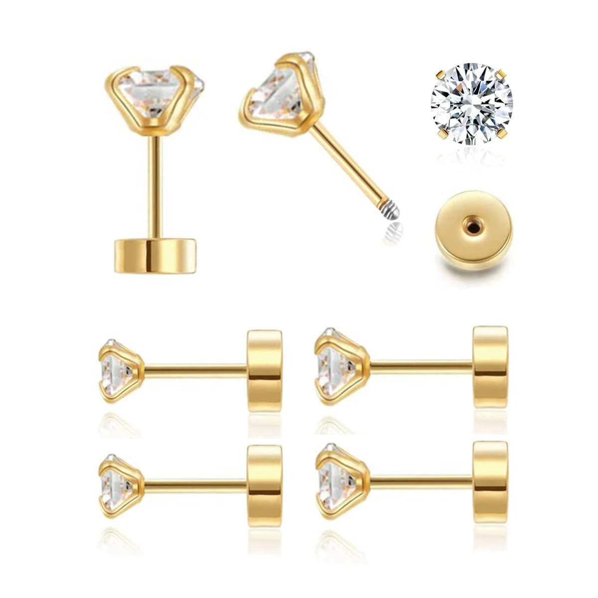 3 Pairs Flat Back Stud Earrings Set 14K Gold Hypoallergenic CZ 3/4/5Mm