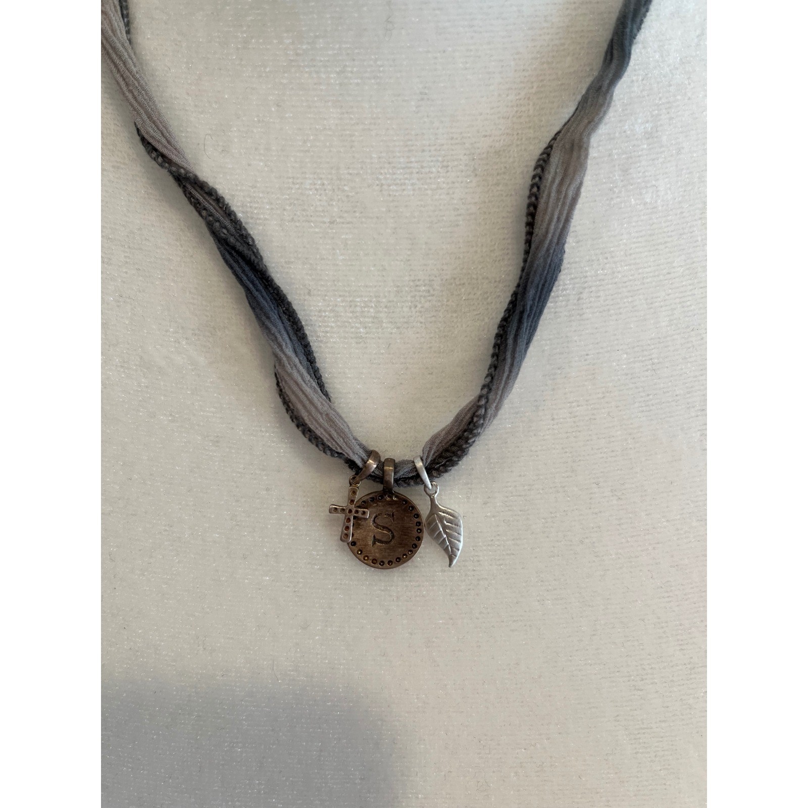 Silpada Ombre Silk Ribbon Necklace Mixed Metal Charms Initial S Leaf Cross Grey
