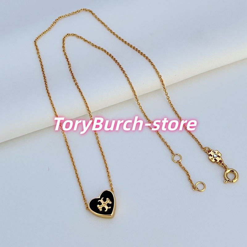 New! Tory Burch Gold & Black Heart Necklace with Jewelry Pouch Size:45cm