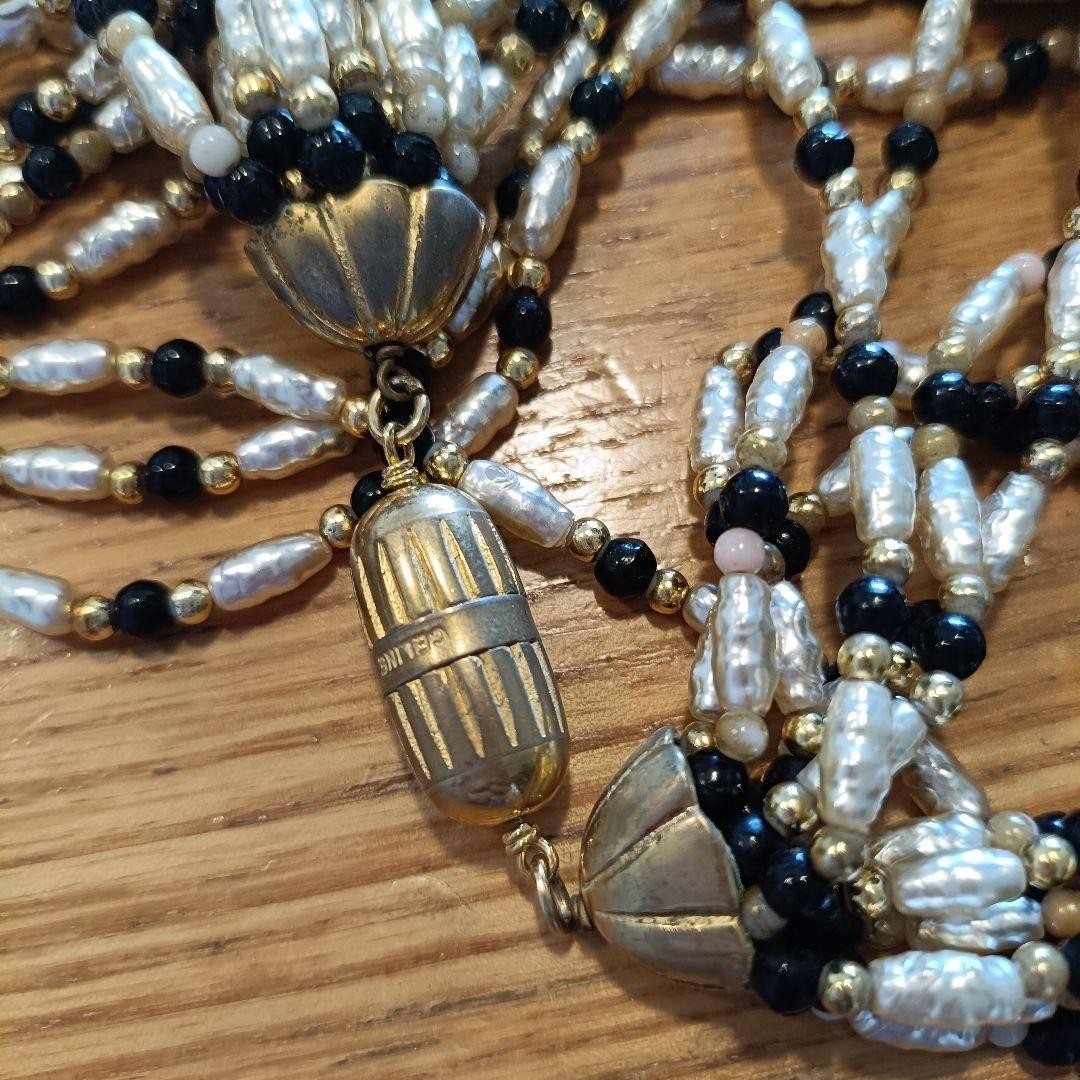 CELINE 12-strand Beaded Necklace Gold White Black Length: 18.1 in.Vintage