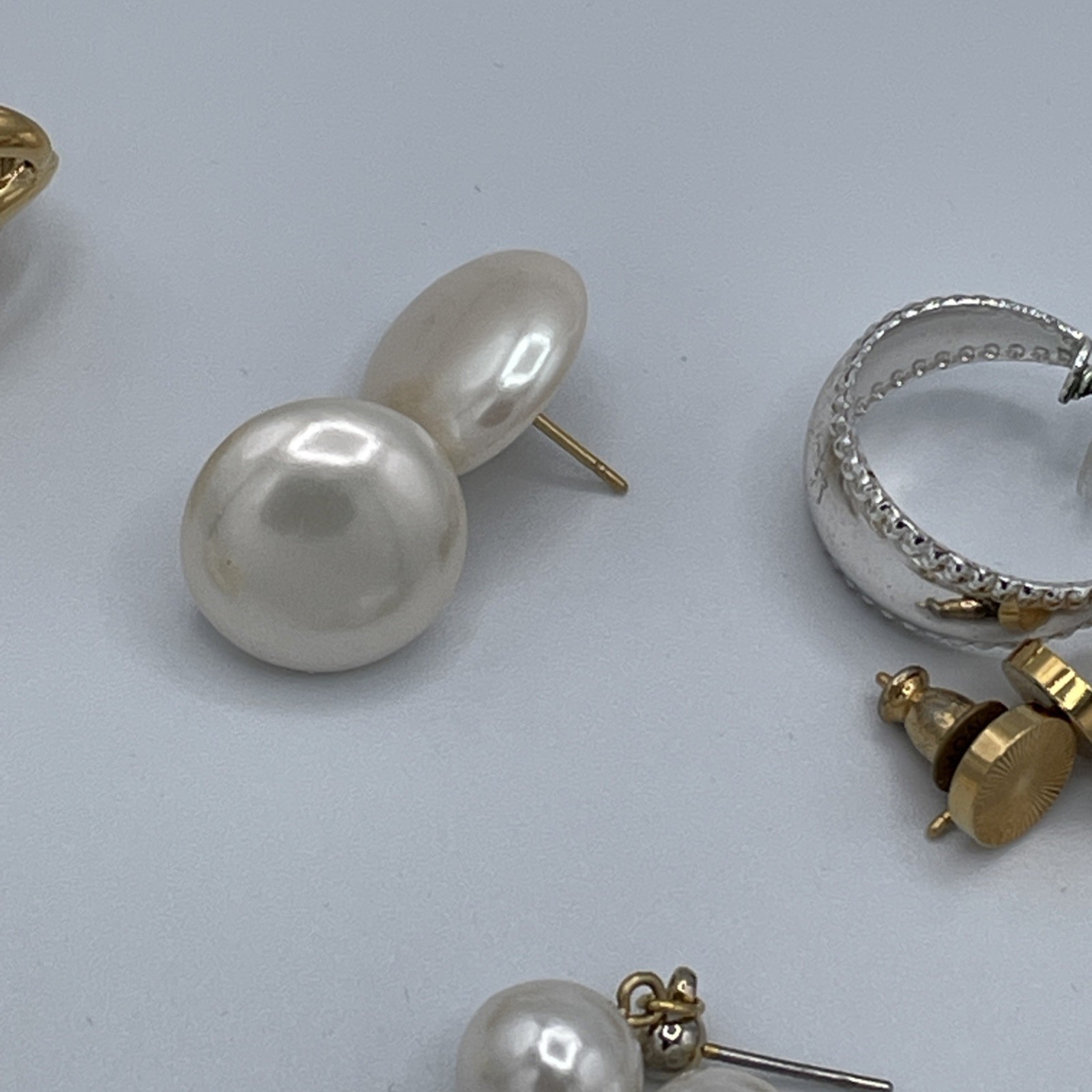 Mixed Costume Earrings Slot Appx 15 Pairs Of Gold And Silver Tone, Faux Pearls