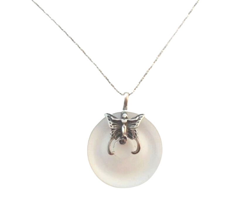 Quartz Crystal Butterfly Pendant Round Sterling Silver Chain Necklace Boho Gift