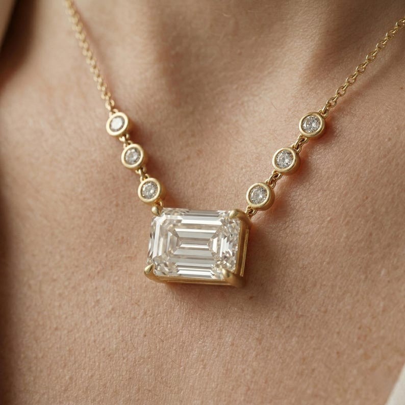 East West Emerald Moissanite 14K Gold Side Round Layering Pendant Necklace