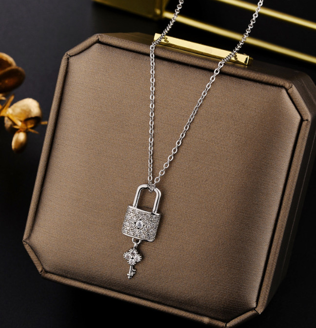 Titanium Silver/Gold/Rose Gold Flower Lock Key Pave CZ Pendant Chain Necklace
