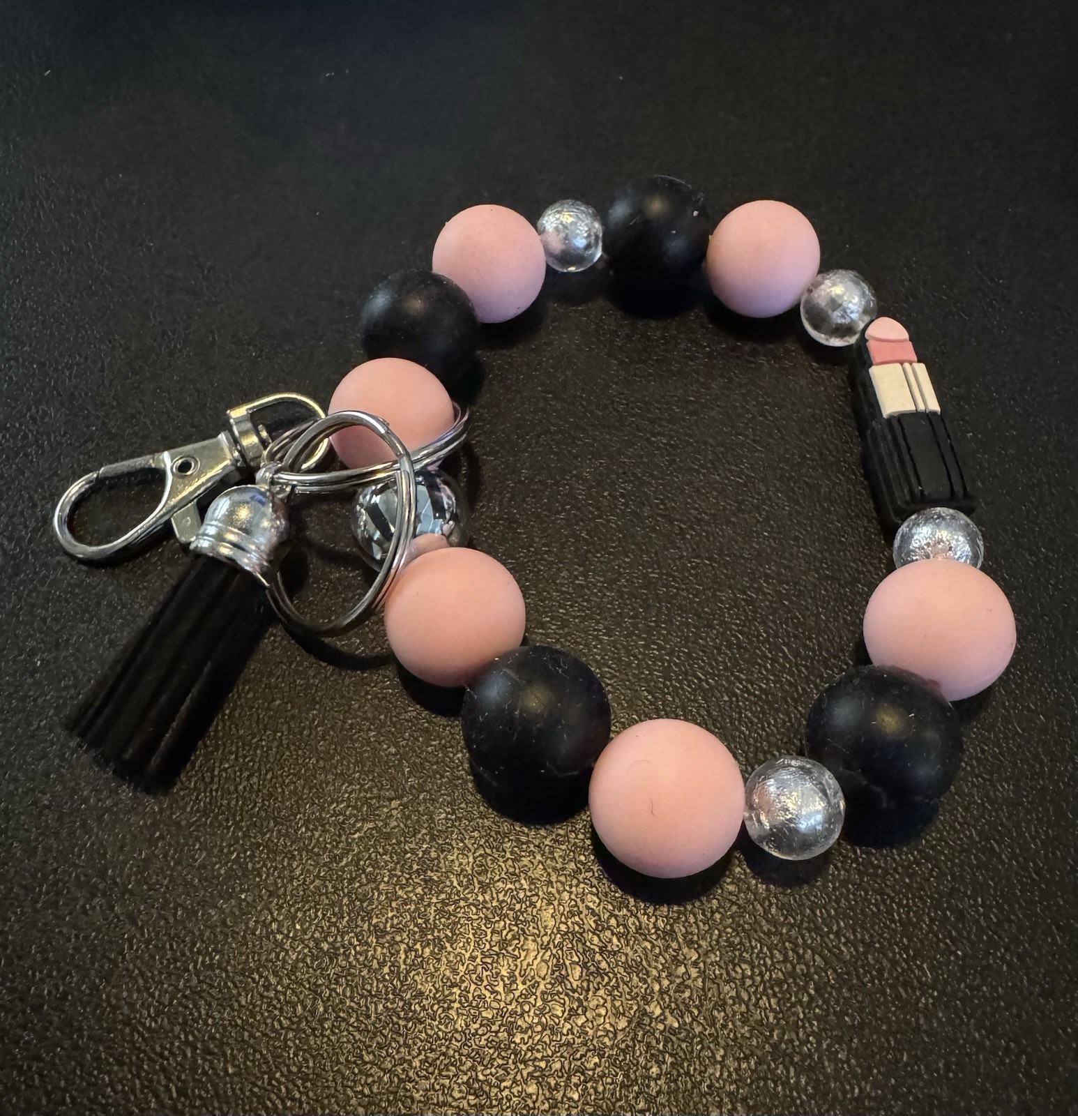 Handmade Pink Black Silver Beaded Keychain – Lipstick – Tassel