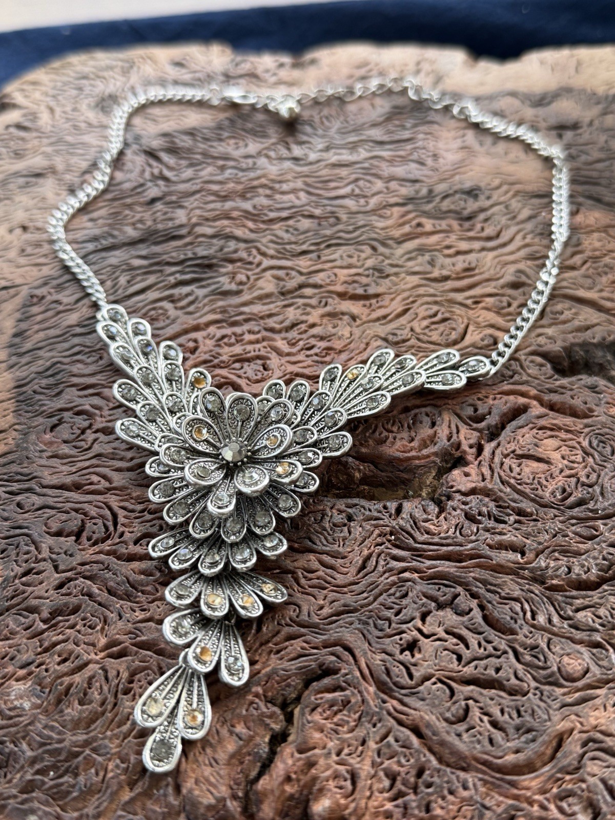 Silver Tone Crystal Flower Charm Pendant Statement Necklace Curb Link Chain