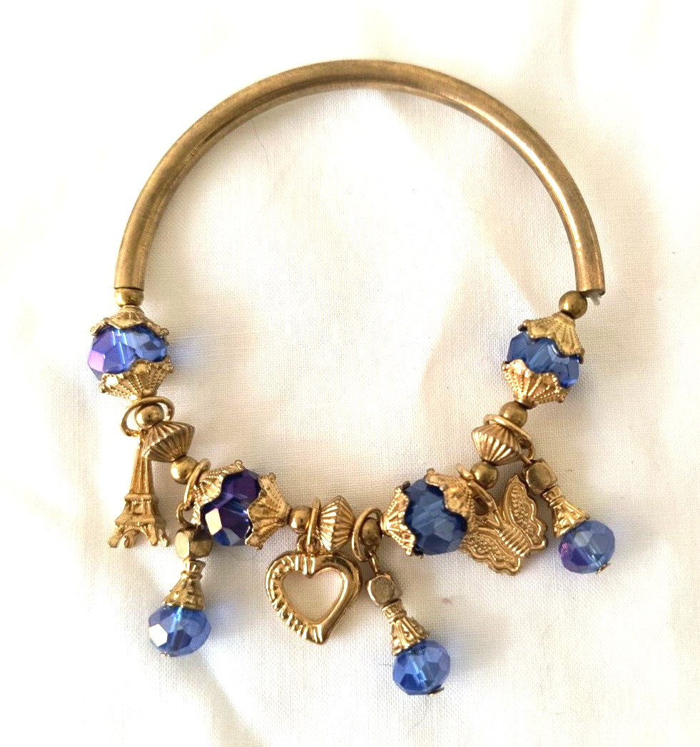 Fashion Jewelry Stretch Bracelet Gold Color Metal Charms Blue Acrylic Charms