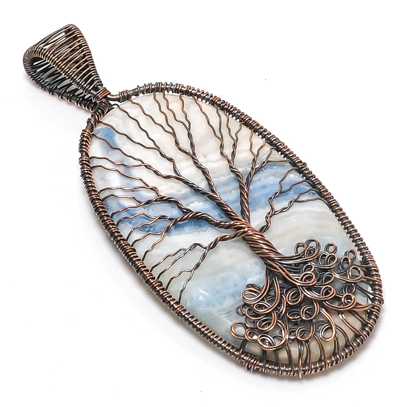 Blue Scheelite Handmade Gemstones Copper Wire Wrap Tree Of Life Pendant Jewelry