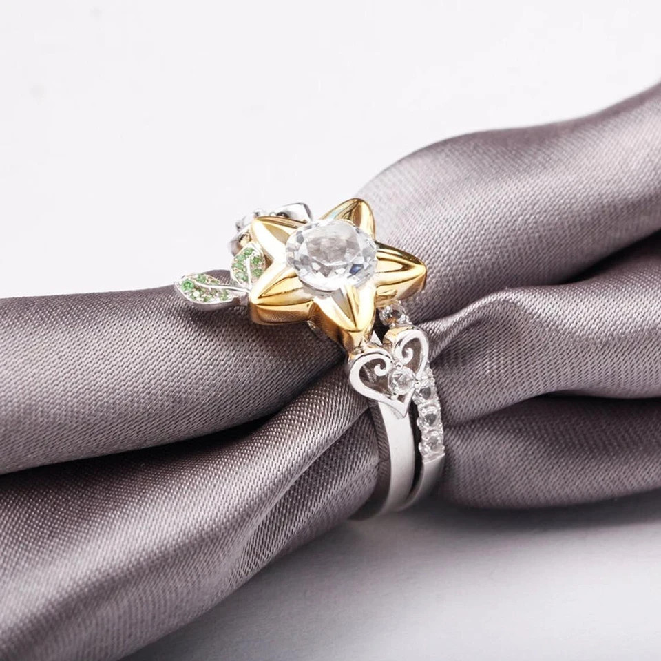 Star Fruit & Heart 1.5Ct Round CZ Wedding Engagement Ring & Band Set 925 Silver