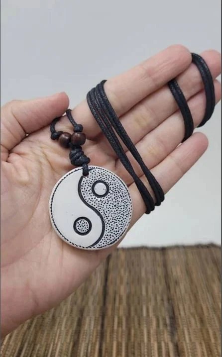 White Yin Yang Necklace Adjustable Cord Tai Chi Pendant Unisex Resin Carved