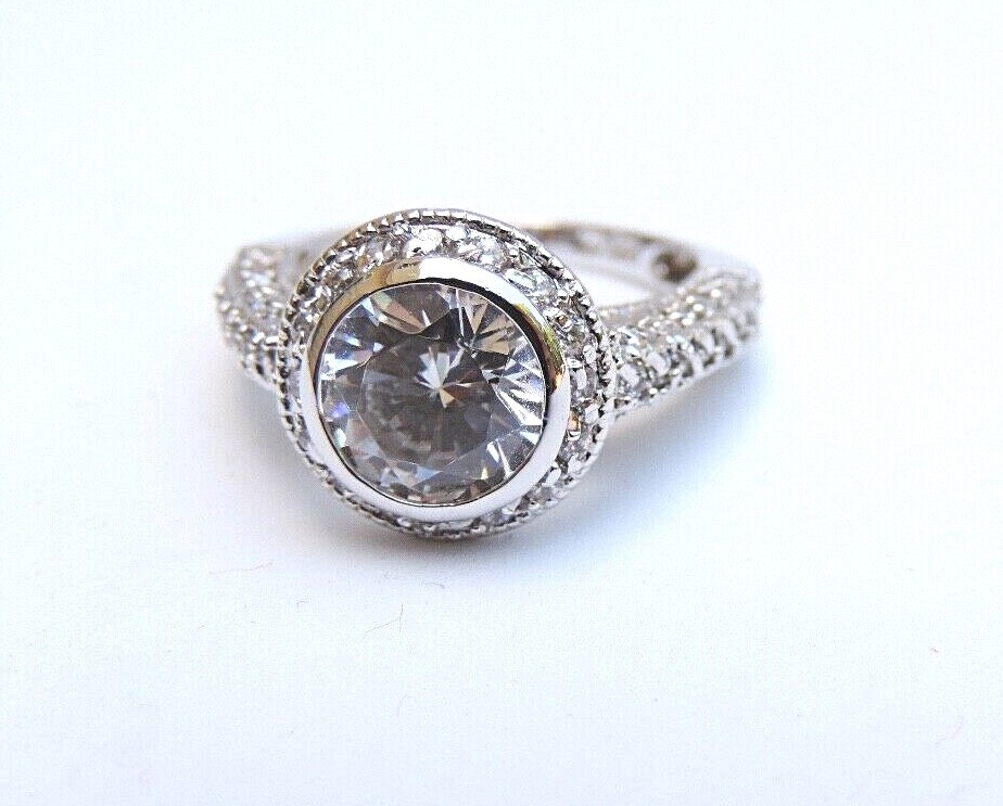 Sterling Silver & Round Cubic Zirconia Cocktail Ring 5.2gm Bright Rhodium Finish