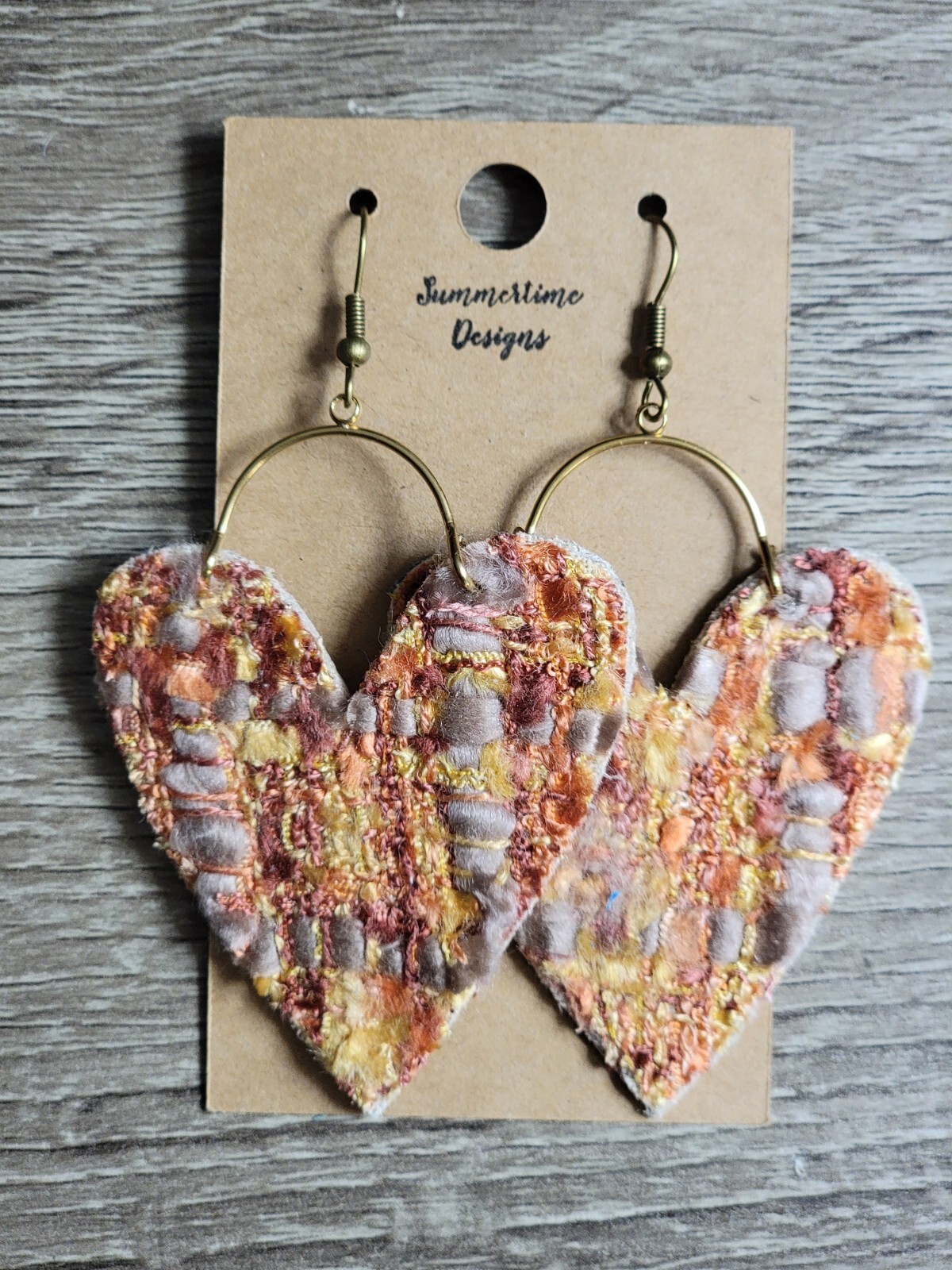 GENUINE Leather Backed Tweed Heart Earrings 3.5″ Fall Harvest Orange