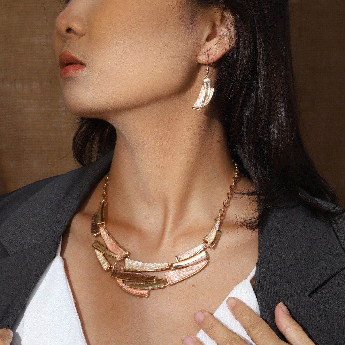 Zinc Alloy Blue Enamel Geometric Design Elegant Luxury Necklace & Earrings