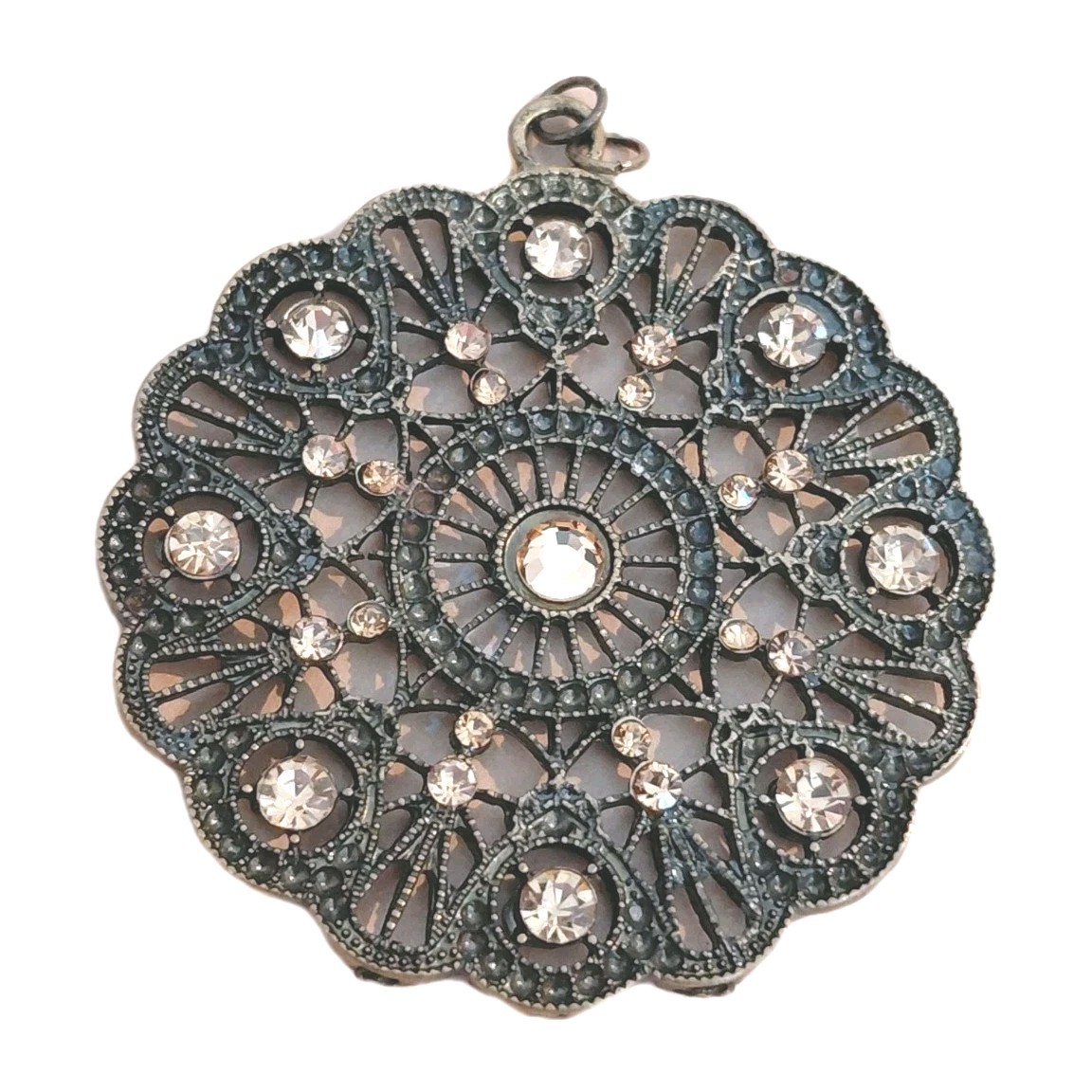 Scalloped Large Medallion Pendant / Copper Color Rhinestones / 2.25 In Round