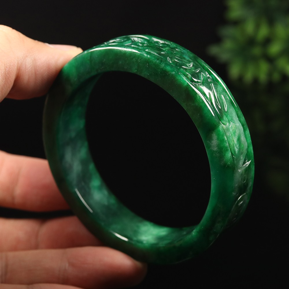 59mm Emerald Green Jadeite Jade Bangle Bracelet Ruyi Coin Burma Jade A-14895
