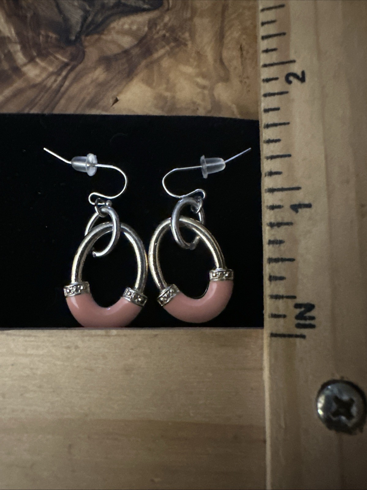 Vintage Earrings Oval Link Salmon Pink Enameled Silver Tone Dangle Drop Hook