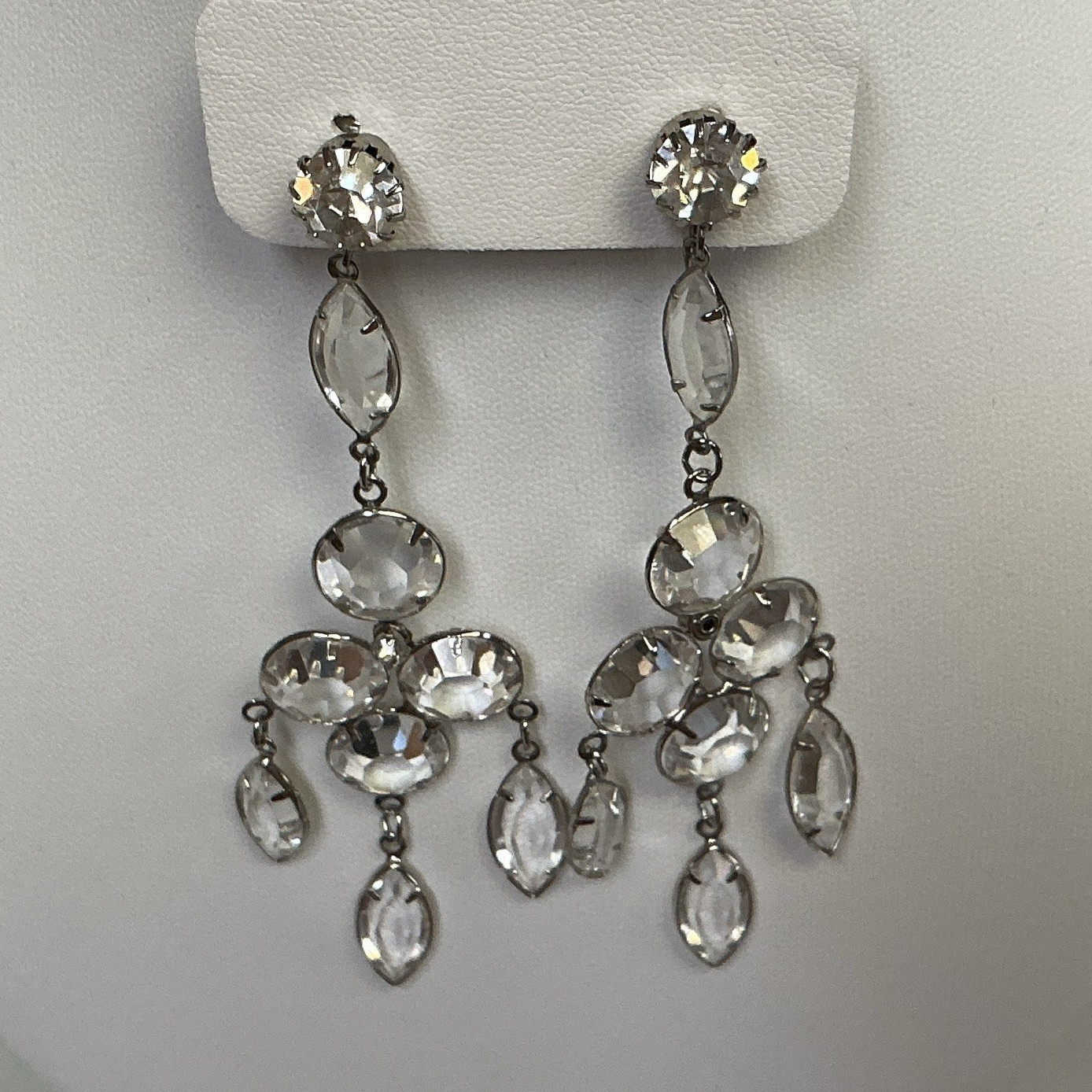 Clear Crystal Rhinestone Silver Tone Chandelier Dangle CliOn Earrings 3.5 in