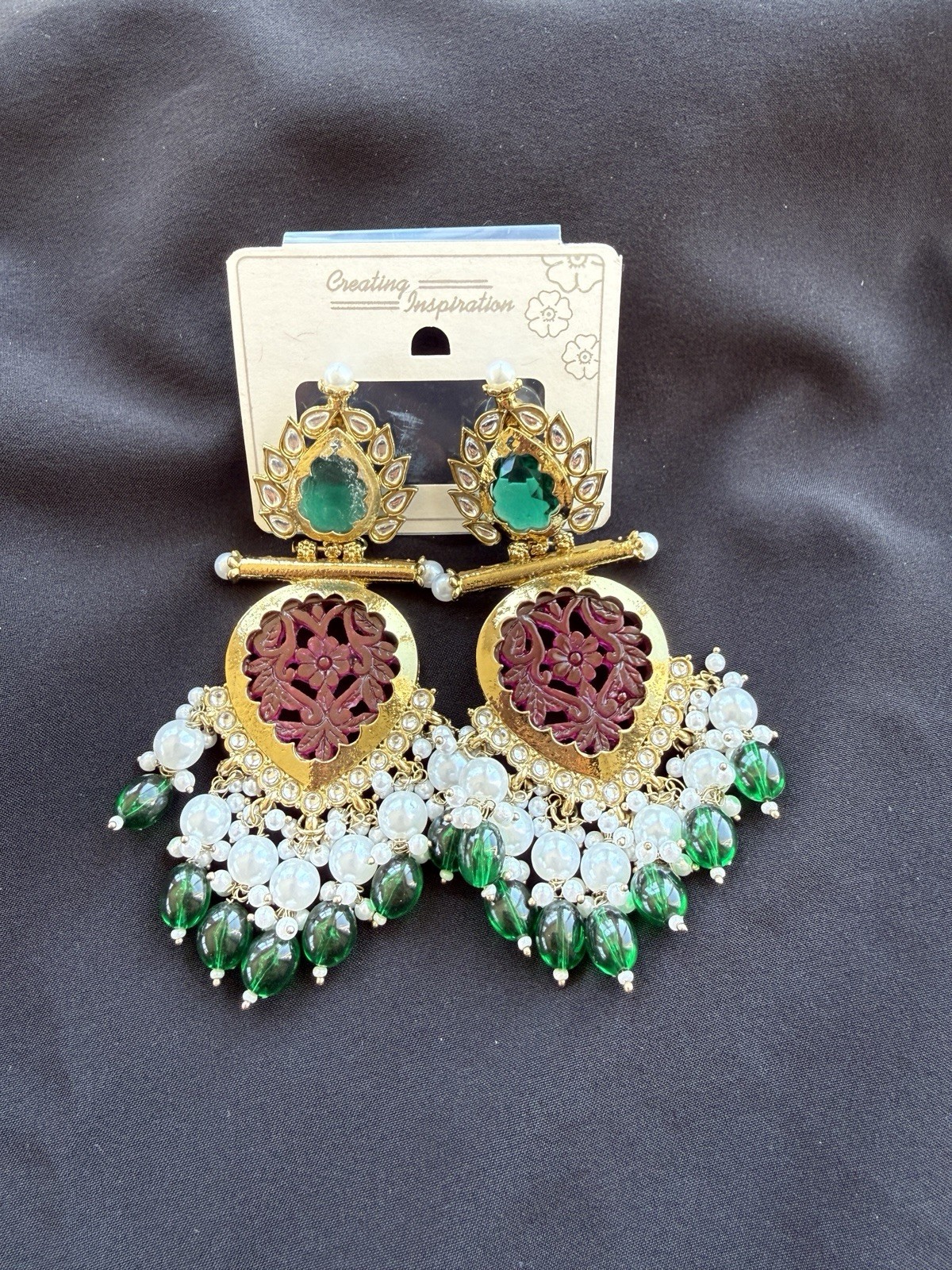 Gold Tone Chandelier Dangle Earrings Green Red Accents Sim Pearl Rhinestones