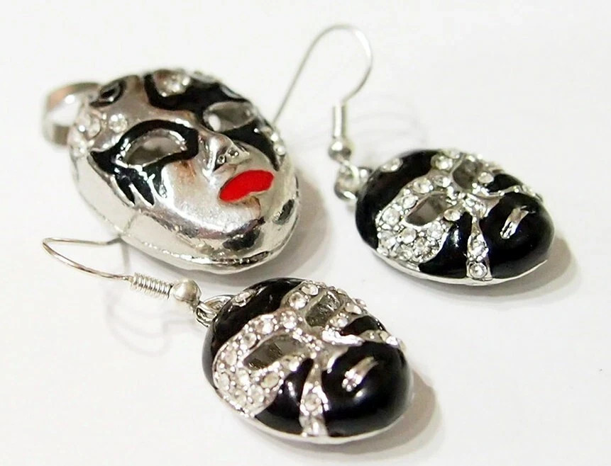 3 Black Silver Mardi Gras Enamel Crystal Pendant 39x20mm &Earring 24x16mm /Charm