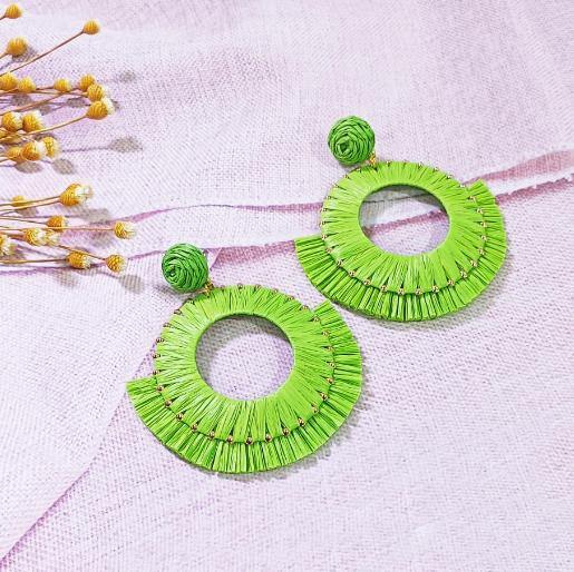 Special Round Dragon Fruit Color Lafite Grass Handmade Woven Stud Earrings