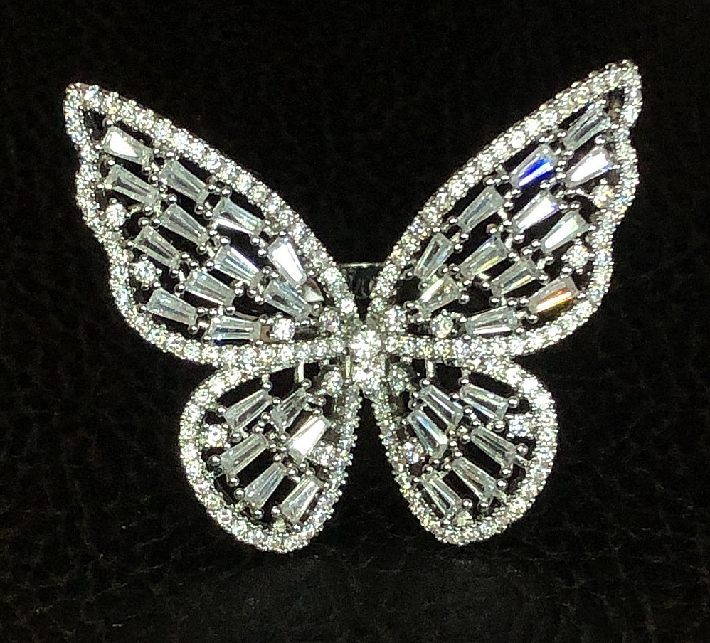 CZ Simulated Diamond Butterfly Statement Ring Silver Tone Rhodium Sz 6.2 6g 4208