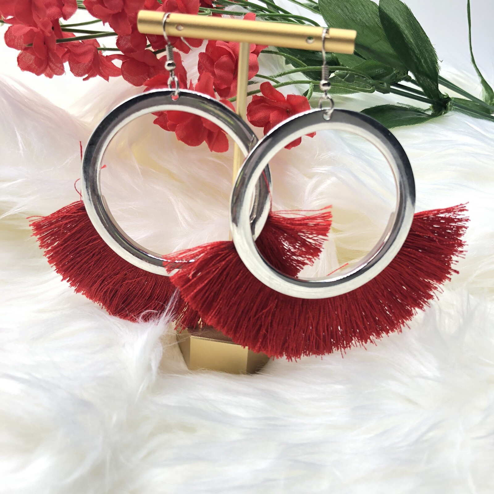 Silver Tone Red Tassel Hinged Hoop Jewelry Pierced Earrings 3″