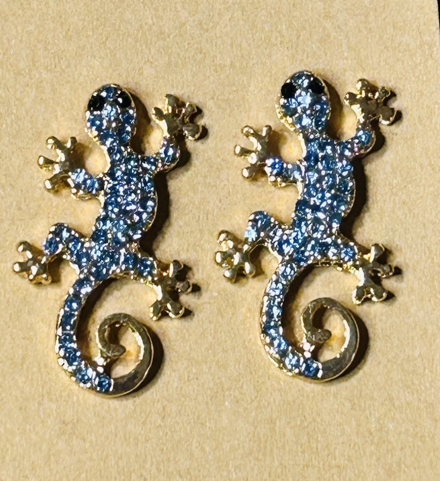 Blue Crystal Rhinestone Gecko Lizard Stud Earrings Desert Animal Gold Plated