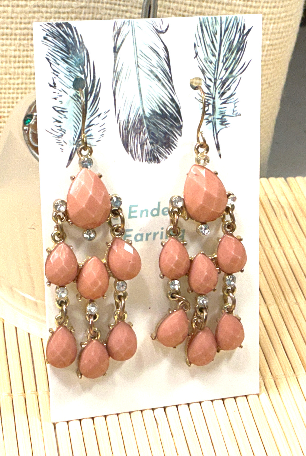 Fashion Earrings Faceted Acrylic Salmon Pink Clear Rhinestone Gold Drop LOT 95F
