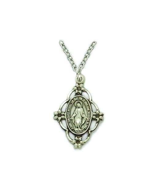 925 Sterling Silver Filigree Miraculous Flower Medal Mary Pendant Necklace