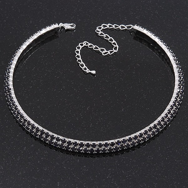 2 Row Montana Blue Crystal Choker Necklace in Silver Tone 38cm L/ 10cm Ext