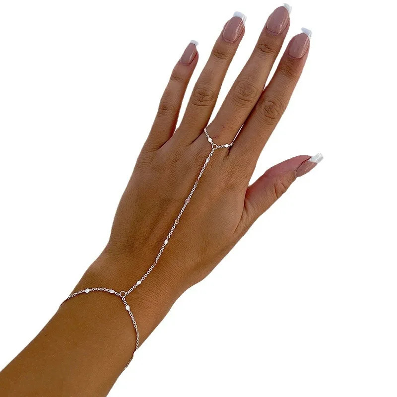 Hand Chain Bracelet with Ring Zircon Adjustable 14K Gold Plated Dainty Women