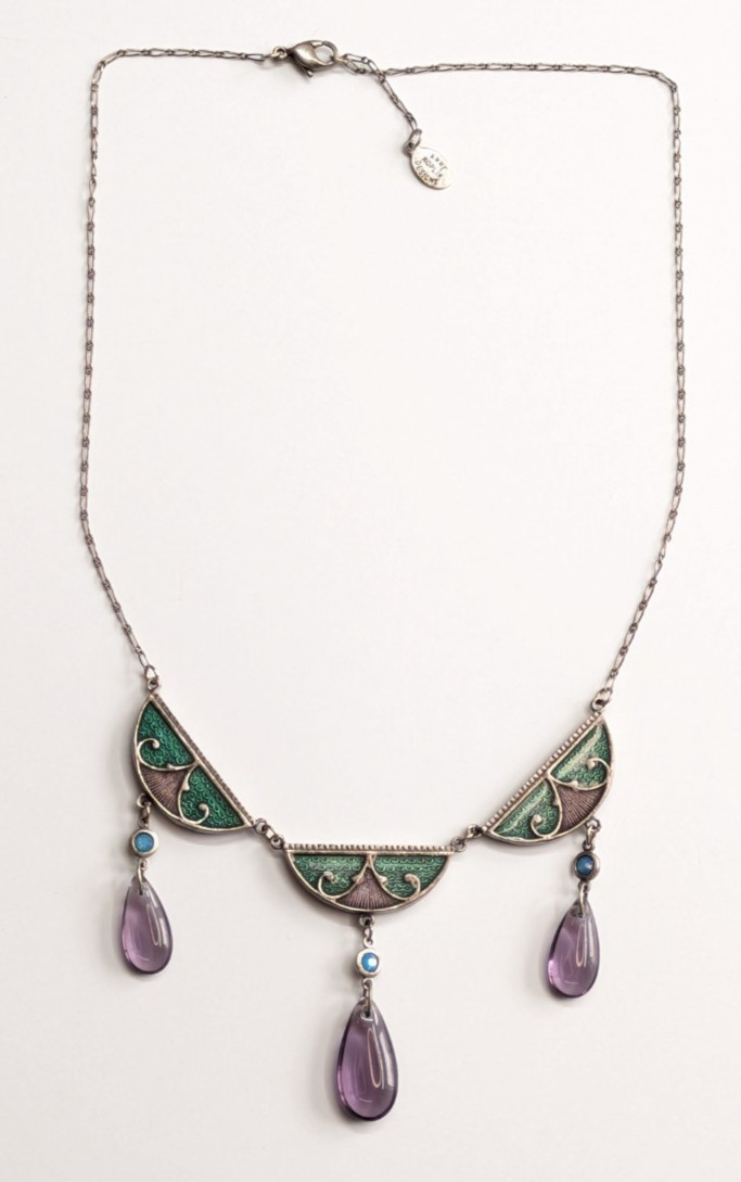 Anne Koplik Designs Purple Tear Drop Glass Enamel Pendants Silver Tone Necklace