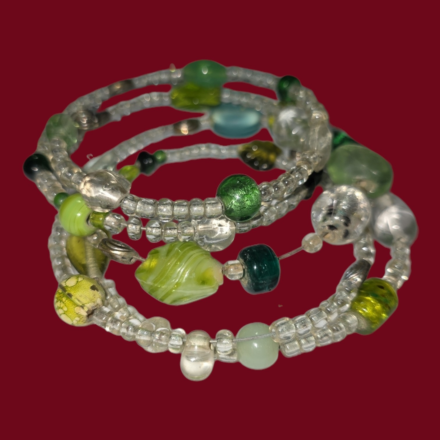 2 Memory Wire Green & Multi Color Peacock Beads Layered Bracelet Fits All Wrists