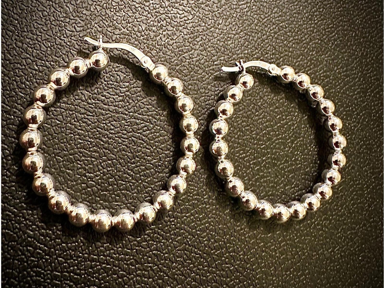 925 Sterling Silver Hoop Earrings 35mm Beaded Ball Hoops Women