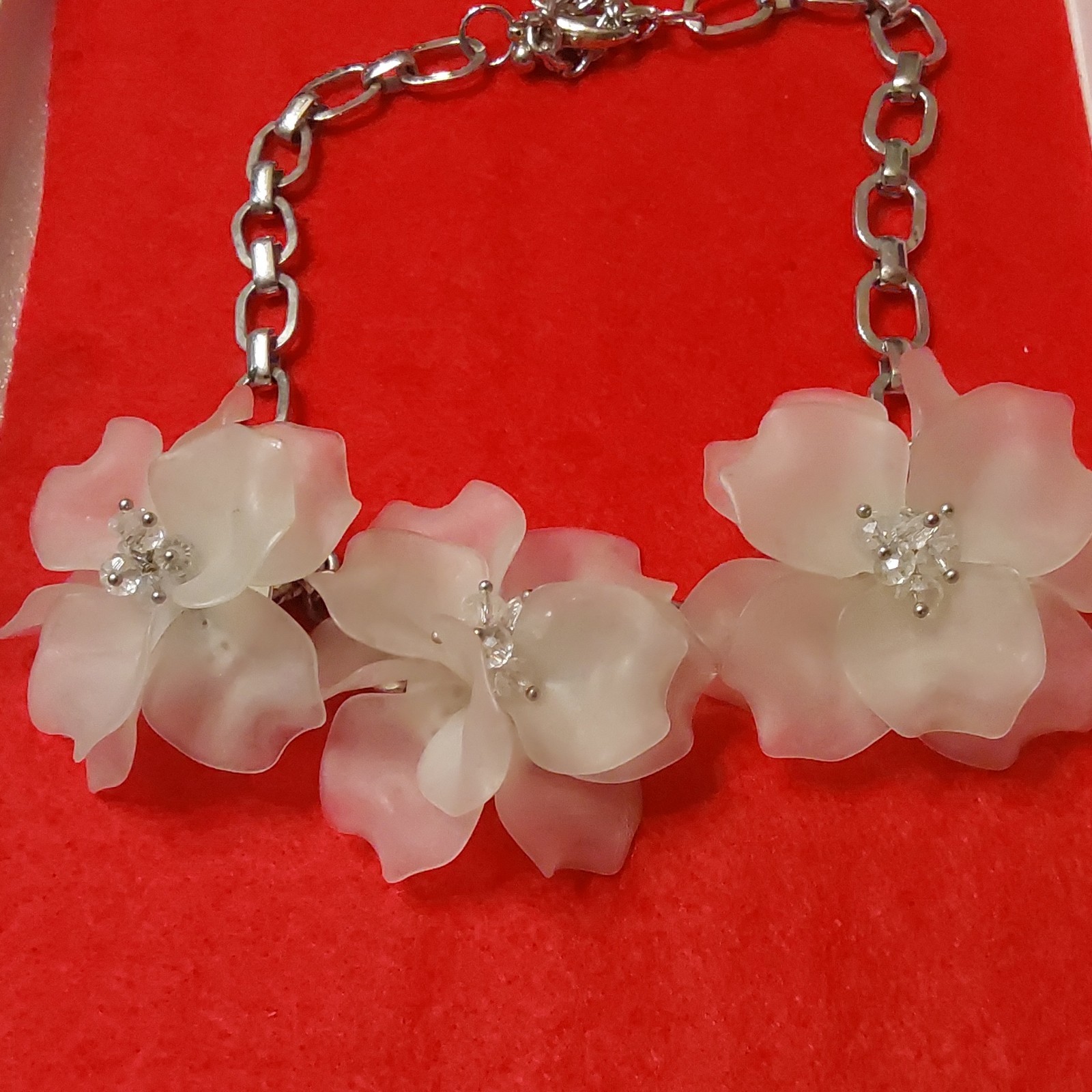 Silver Tone Statement Cable Chain Necklace w/ Pink & White Plastic Flowers