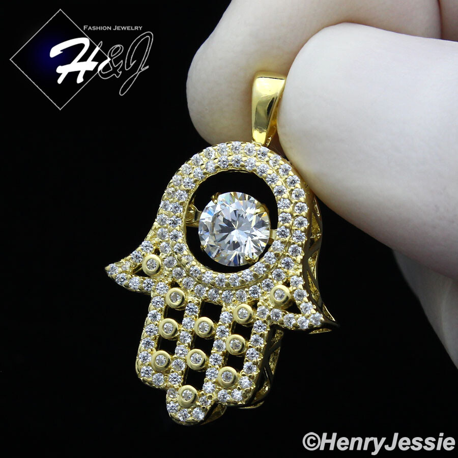 925 STERLING SILVER 24″X2MM GOLD PLATED CHAIN CUBIC ZIRCONIA HAMSA PENDANT*GP256