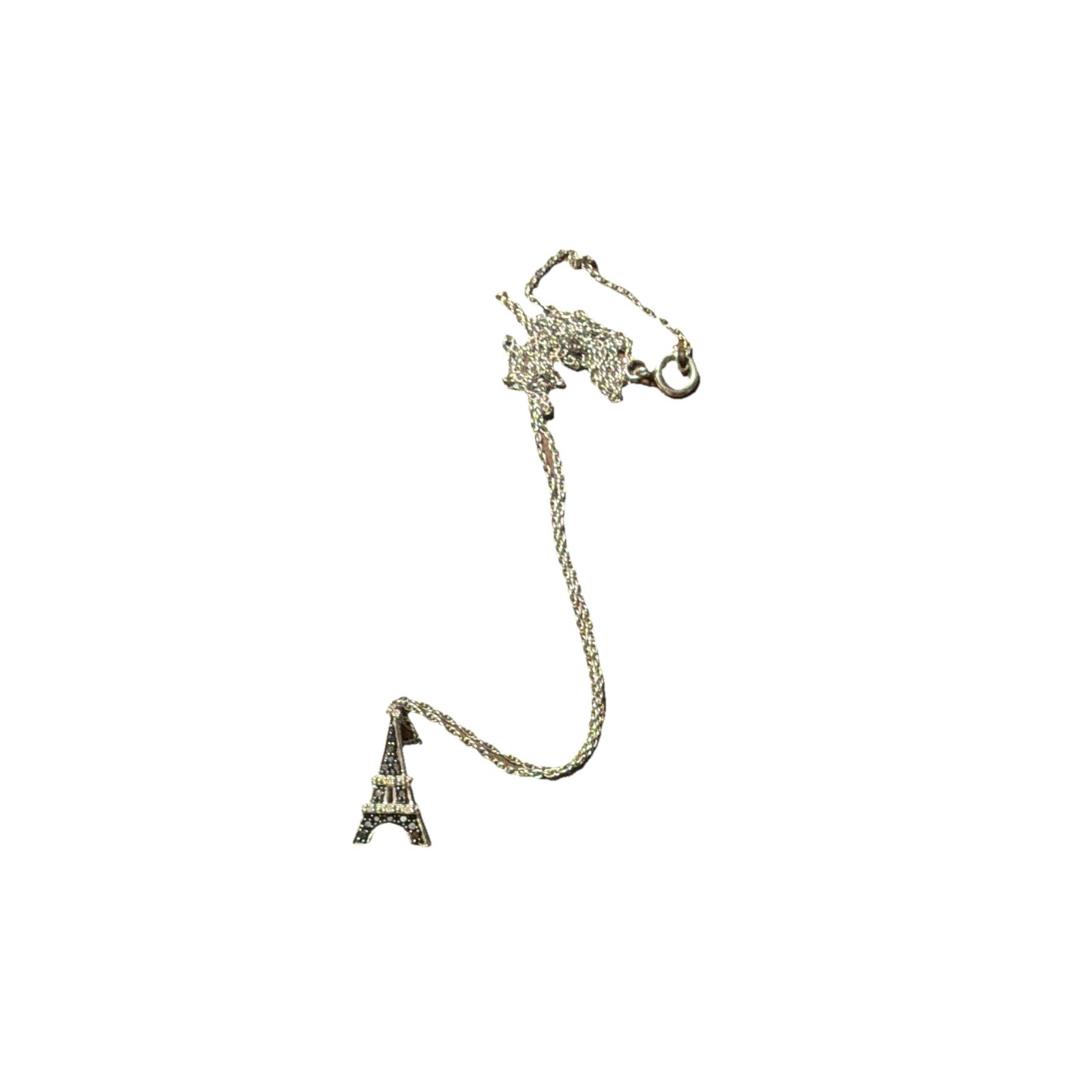 Zales Silver Tone Eiffel Tower Crystal Charm Pendant Cable Chain Necklace