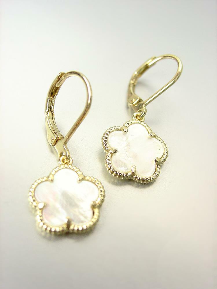 NEW 18kt Gold Plated Mother Pearl Shell Flower Lever Back Petite Dangle Earrings